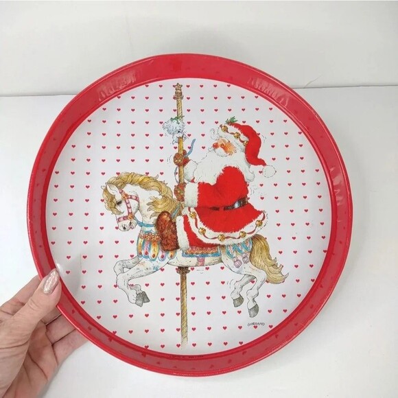 Santa Claus Tray Metal Circular Carousel Horse and White Puppy Christmas - Picture 11 of 13